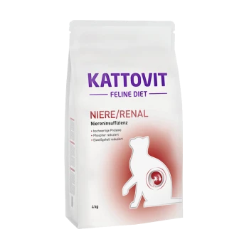 Kattovit Feline Diet Niere/Renaal kattenvoer zak, 4 kg, met een katten silhouet en tekst over hoogwaardige eiwitten en verlaagd fosfor.
