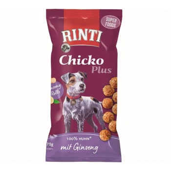 Verpackung von Rinti Chicko Plus Hundeleckerlis mit einer Hundillustration, mit dem Text "100% Huhn mit Ginseng" und "Super Foods."