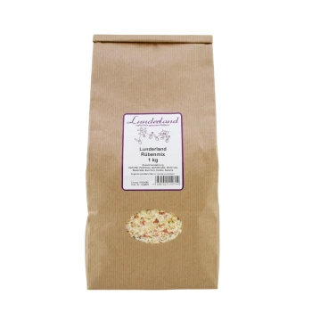 Braune Papiertüte mit der Aufschrift "Lunderland Rübenmix", die eine Gemüse-Mischung für Haustiere enthält, mit einem transparenten Fenster, das den Inhalt zeigt.