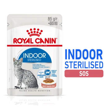 Torebka karmy dla kotów Royal Canin Indoor Sterilised, z szarym kotem tabby, z tekstem podkreślającym 'Indoor Sterilised' i '85 g/r'.