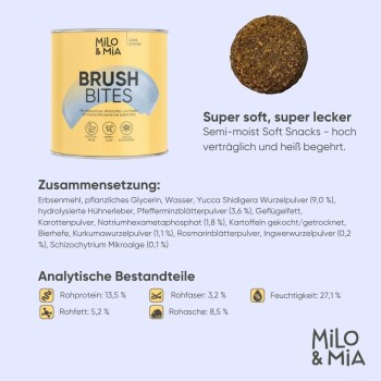 Milo & Mia Daily Bites Dental Care Hundesnacks in einer gelben Dose, mit einem weichen Leckerli, Zutatenliste und Nährwertanalyse.