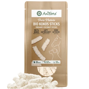 Biologische Kokosnuss-Sticks für Haustiere in einer Kraftpapier-Tüte, mit dem Text: '100% Kokos, Luft-getrocknet, Ohne Getreide.'