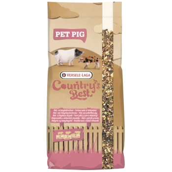Sac de nourriture pour cochons 'Country's Best' de Versele-Laga, montrant un cochon nain et un cochon à ventre rond, adapté pour la croissance, les adultes et les cochons reproducteurs.