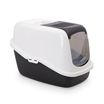 Eine moderne, überdachte Katzentoilette in Schwarz und Weiß, mit einer transparenten Vorderseite und Belüftungsschlitzen oben.