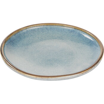 Flacher runder Keramik-Hundenapf mit blauer, gesprenkelter Glasur und braunem Rand.