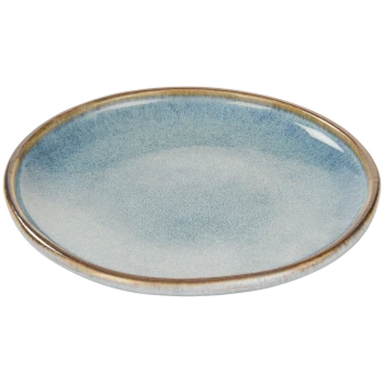 Flacher runder Keramik-Hundenapf mit blauer, gesprenkelter Glasur und braunem Rand.