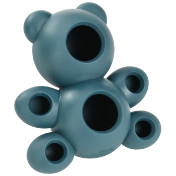 A teal bear-shaped pet toy with multiple holes for treats, designed for interactive play and mental stimulation.