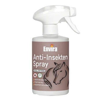 Flasche Envira Anti-Insekten Spray für Pferde, mit einer Pferdeillustration, mit Text, der Insektenschutz und Fellpflege anzeigt.
