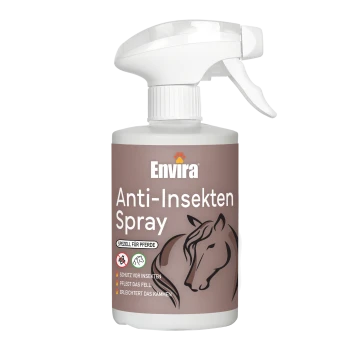 Flasche Envira Anti-Insekten Spray für Pferde, mit einer Pferdeillustration, mit Text, der Insektenschutz und Fellpflege anzeigt.