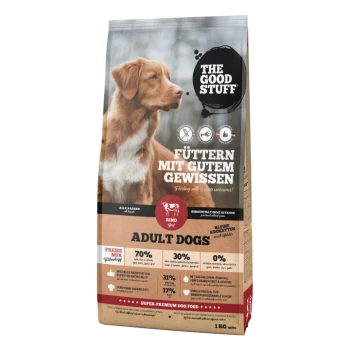 Tüte 'THE GOOD STUFF' Adult-Hundefutter mit Bild eines braunen Hundes, Text 'FÜTTERN MIT GUTEM GEWISSEN' und 'ADULT DOGS'.