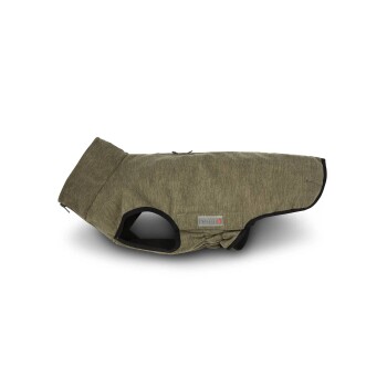 Olivgrüne Hundejacke mit schwarzem Besatz und Wolters Markenetikett, für Wärme und Komfort konzipiert.