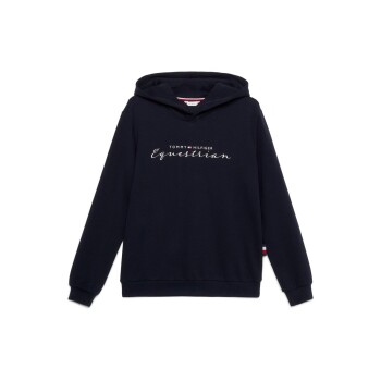 Navyblauer Hoodie mit "TOMMY HILFIGER Equestrian" in weißer Schrift auf der Vorderseite.