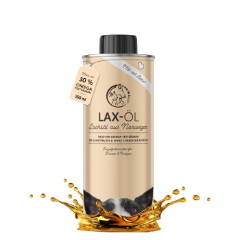 LAX-ÖL Lachsöl für Haustiere, 250 ml Dose mit Spritzeffekt, mit Text über hohe Omega-Fettsäuren und natürliche Zutaten.