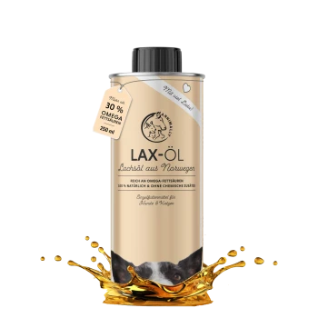 LAX-ÖL Lachsöl für Haustiere, 250 ml Dose mit Spritzeffekt, mit Text über hohe Omega-Fettsäuren und natürliche Zutaten.