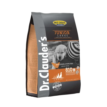 Dr. Clauder's Junior Large Hundefutterbeutel, der ein schwarz-oranges Design zeigt, hebt "Geflügel | Poultry" und "810 g" mit Nährwertangaben hervor.