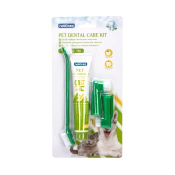 Haustier-Zahnpflegeset mit einer grünen Zahnbürste, zwei Fingerbürsten und einer 70g Tube Haustier-Zahnpasta, mit Bildern von Katzen.
