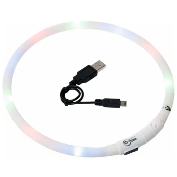 LED-Leuchthalsband für Haustiere mit einem USB-Ladekabel, mit einem weißen flexiblen Band und bunten Lichtern.