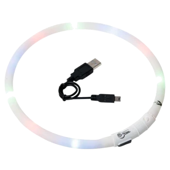 Collier lumineux pour animaux de compagnie avec un câble de chargement USB, doté d'une bande flexible blanche et de lumières colorées.