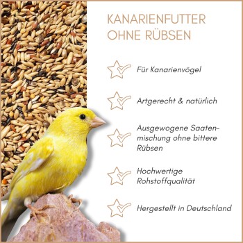 Gelber Kanarienvogel mit einem Teller Samenmischung, beschriftet mit "KANARIENFUTTER OHNE RÜBSEN" für alle Kanarienvögel.