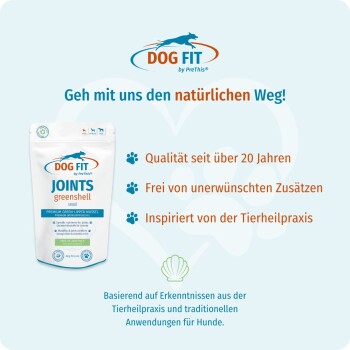 DOG FIT JOINTS Beutel und Logo auf hellblauer Anzeige; Überschrift 'Geh mit uns den natürlichen Weg!'