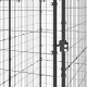Schwarzer Metall-Tierkäfig mit vertikalen Stäben und einem sicheren Riegelmechanismus, der eine Seitenansicht der Struktur zeigt.