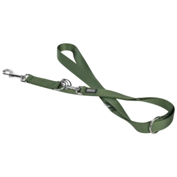 Green dog leash with metal clips and rings, featuring a durable design for pet safety and control.