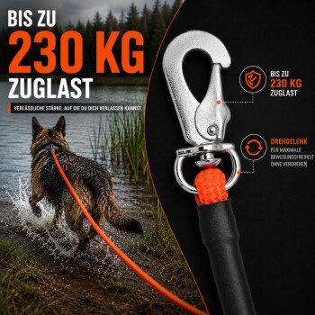 Hund watet an einer orangefarbenen Leine, Nahaufnahme eines Metall-Schnapphakens; sichtbarer Text 'BIS ZU 230 KG ZUGLAST' (bis zu 230 kg Zuglast).