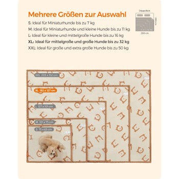 Haustierbetten in verschiedenen Größen auf einem hellen Hintergrund, mit einem kleinen Hund auf dem kleinsten Bett. Größenvorschläge: S, M, L, XL, XXL.