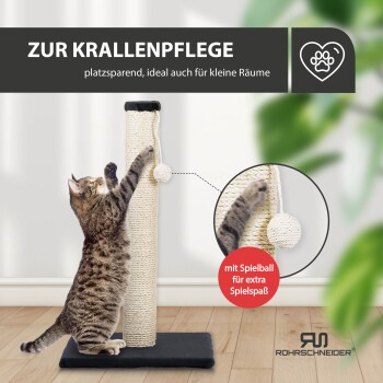 Eine verspielte getigerte Katze dehnt sich auf einem Sisal-Kratzbaum mit einem hängenden Ball und Text über Krallenpflege und platzsparendes Design.