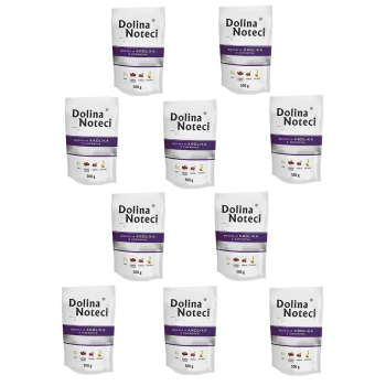 Premium Adult bogata w królika z żurawiną saszetka 10x500 g Torby z karmą dla zwierząt Dolina Noteci, z różnymi smakami, każda oznaczona jako "500 g" i "Rodzaj: Królik z Żurawiną" w białym i fioletowym wzorze.