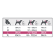Größentabelle für Hundebekleidung mit Maßen für die Größen S, M, L und XL, wobei die Größe L in Pink hervorgehoben ist (54 cm Hals, 70-82 cm Brust, 58 cm Länge).