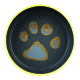Eine runde Haustierschüssel mit einem dunkelgrauen Innenraum, der ein goldenes Pfotenabdruckdesign zeigt, umgeben von einem hellgelben Rand.