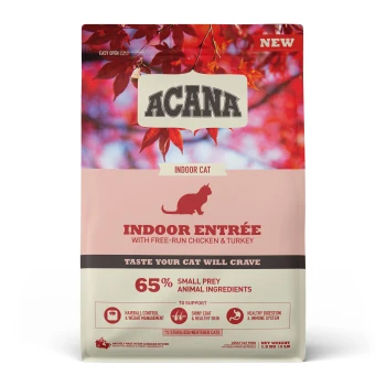 Torba karmy dla kotów ACANA Indoor Cat z "Indoor Entrée," zawierająca kurczaka, indyka, 65% składników ofiary oraz korzyści dla kul włosowych i trawienia.