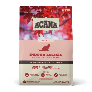Torba karmy dla kotów ACANA Indoor Cat z "Indoor Entrée," zawierająca kurczaka, indyka, 65% składników ofiary oraz korzyści dla kul włosowych i trawienia.
