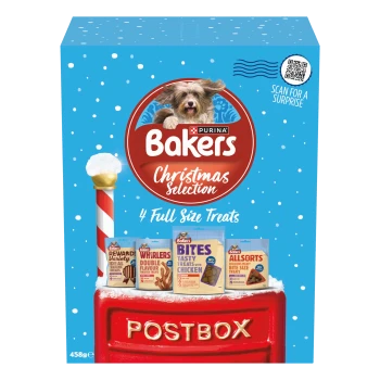 Purina Bakers Christmas Selection dog treats box with 4 full-size treats, festive design, and "Scan for a surprise" QR code.