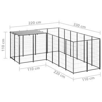 Ein großes schwarzes Metallhaustiergehege mit den Abmessungen: 220 cm und 330 cm in der Länge und 110 cm in der Höhe.