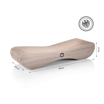 Holzhaustierbett mit geschwungenem Design, 76 cm lang, 24 cm breit und 15 cm hoch, mit einem Ahornblatt-Logo.