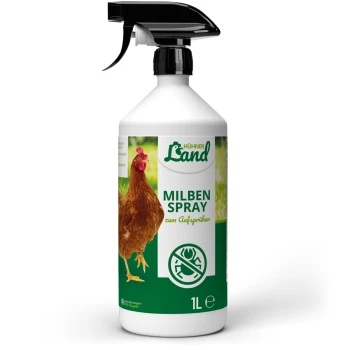 Eine Sprühflasche mit dem Etikett 'Hühner Land MILBEN SPRAY' mit einer Hühnergrafik, die für die Behandlung von Milben gedacht ist, mit einem Fassungsvermögen von 1 Liter.