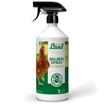 Eine Sprühflasche mit dem Etikett 'Hühner Land MILBEN SPRAY' mit einer Hühnergrafik, die für die Behandlung von Milben gedacht ist, mit einem Fassungsvermögen von 1 Liter.