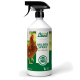 Eine Sprühflasche mit dem Etikett 'Hühner Land MILBEN SPRAY' mit einer Hühnergrafik, die für die Behandlung von Milben gedacht ist, mit einem Fassungsvermögen von 1 Liter.