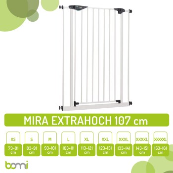 Weißes Haustiersicherheitsgitter beschriftet "MIRA EXTRAHOCH 107 cm" mit verstellbaren Größen XS bis XXXXXL, geeignet für verschiedene Öffnungen.