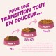 Trois bols portant les mentions « JOUR 1 » 25 %, « JOUR 2-3 » 50–75 %, « JOUR 4 » mmmm ! sous l'en-tête « POUR UNE TRANSITION TOUT EN DOUCEUR... »