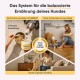 Tierarzt hält einen kleinen Hund und hebt die Vorteile von Milo & Mia Haustierfutter hervor: sanft zum Magen, Gelenkgesundheit und Haut & Fell. VETMED geprüft Logo.