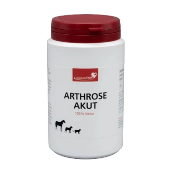 Weißer Behälter mit rotem Deckel, beschriftet mit „HerzensTier Arthrose Akut 100% Natur“ für Haustiere, zeigt Pferd-, Hund- und Katzen-Symbole.