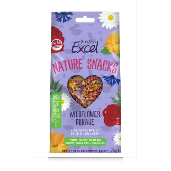 Burgess Excel Nature Snacks Wildflower Forage, 75g pack featuring a heart-shaped mix of dried wildflowers, labeled as 100% natural and high in fiber.