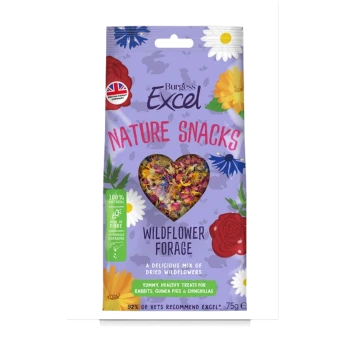 Burgess Excel Nature Snacks Wildflower Forage, 75g pack featuring a heart-shaped mix of dried wildflowers, labeled as 100% natural and high in fiber.