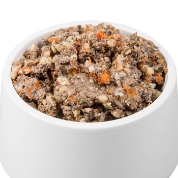 Eine weiße Haustierfutterschüssel, gefüllt mit einer stückigen, feuchten Mischung aus Fleisch, Gemüse und Getreide, die wie Haustierfutter aussieht.