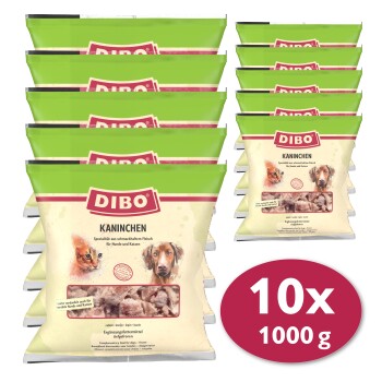 Zehn Beutel DIBO Kaninchen, ein Spezialprodukt aus Kaninchenfleisch für Hunde und Katzen, jeweils mit einem Gewicht von 1000 g.