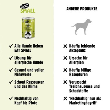 Hundefutterdose mit dem Etikett "eat SMALL", die hypoallergene und umweltfreundliche Vorteile für Hunde im Vergleich zu Nachteilen anderer Marken hervorhebt.