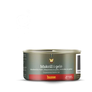 Katzenfutterdose mit der Aufschrift "Makrill i gelé" (Makrele in Gelee) von Husse, 80g Nettogewicht, mit einem Katzenicon und Nährwertangaben.